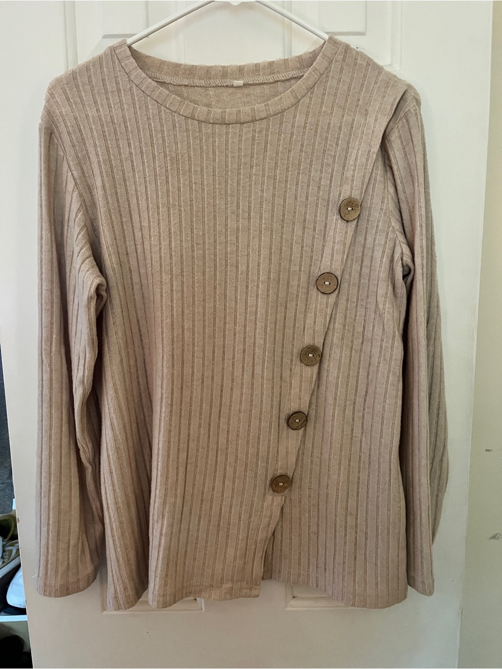 Ribbed Button-Accent Long Sleeve Top - Beige